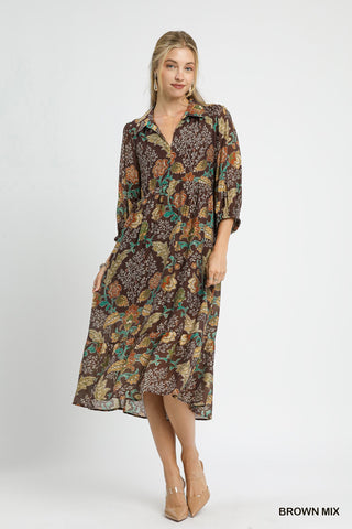 Umgee Brown Mix Floral Collared Midi Dress