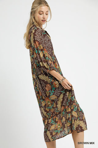 Umgee Brown Mix Floral Collared Midi Dress