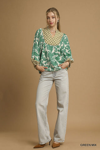 Umgee Green Mix Fabric Yoke Top