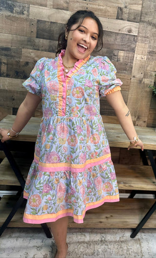 Jodifl Sky Blue Floral Ruffle Neckline Short Dress