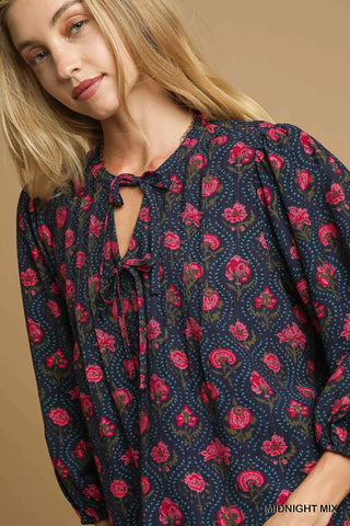 Umgee Navy & Fuchsia Mix Floral Pintuck Top
