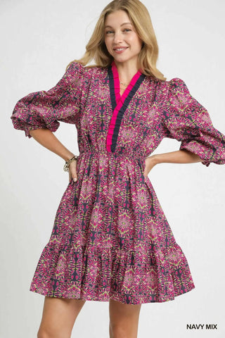 Umgee Navy Ruffled Neck Boho Print Dress