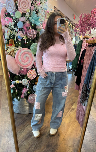 Pink Bow Sequin Mesh Long Slv Layering Top  w/ Thump Opening