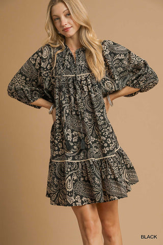 Umgee Black & Ivory Paisley Tiered Short Dress