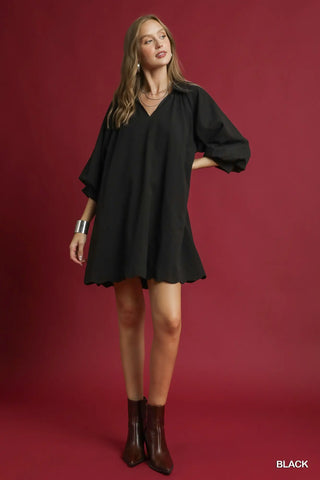 Umgee Black A-Line Dress w/ Scallop Hem