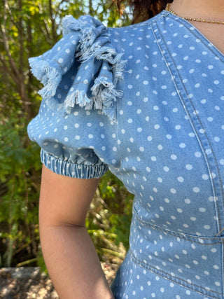 Peach Love Lt Denim Polka Dot Midi Dress