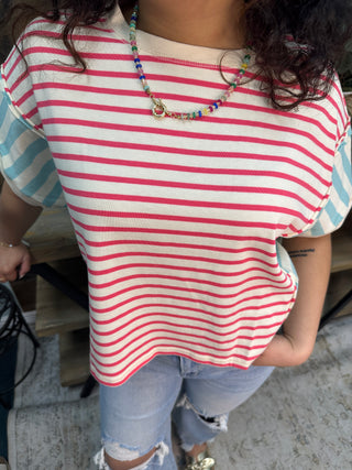 Alternate view of Peach Love Coral & Mint Stripe Color Block Top
