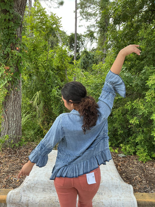 Origami Chambray Ruffles 3/4 Slv Shacket Top