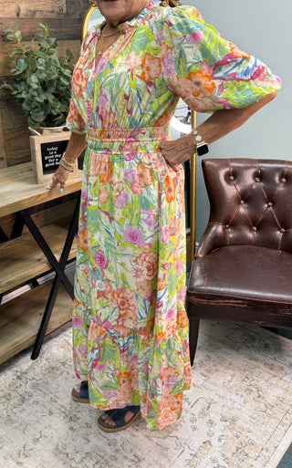 Alternate view of Oddi Minty Garden Floral Printed Tiered Midi Dress w/ Puff Sleeve & Elastic Waist

