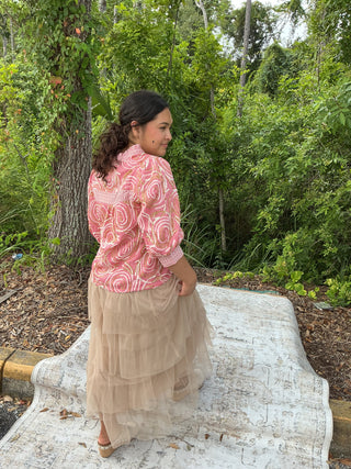 FINAL SALE Listicle Maxi Skirt Taupe Cinched & Tiered High Waist Tulle