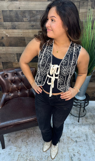 Forte Black Tie Front Vest w/ Ivory Embroidery