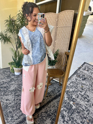 Blue chambray top with white lace patchwork sleeves and side panel detail.