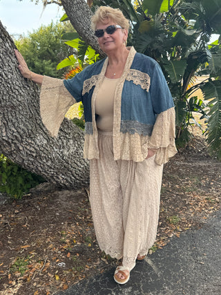 Young Threads Desert Dream Washed Denim & Lace Kimono Cardigan Top