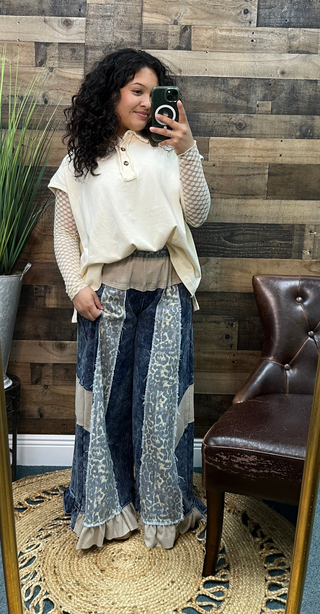 POL Denim & Leopard Wide Leg Ruffle Hem Pants