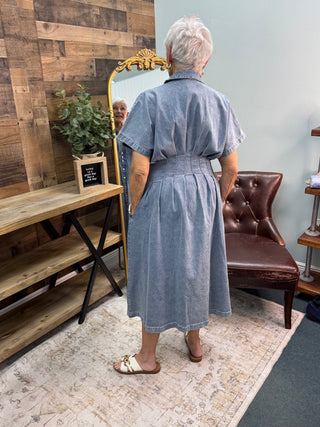 Alternate view of In Feb Mineral Washed Denim Button Down Pleated Midi Dress

