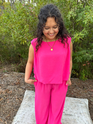 Alternate view of Oddi HOT PINK Sleeveless Top and Wide Leg Pant Set
