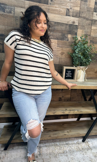 Staccato Ivory & Black Striped Pointelle Short Slv Top