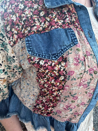 Alternate view of Young Threads Latte Patchwork & Denim Ruffle Hem Crop Jacket Top
