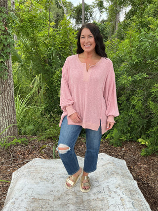 Fantastic Fawn Mauve Knit Rib Loose Fit Split Neck Top