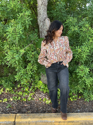 Entro Ecru & Honey Gold Paisley Long Slv Blouse Top