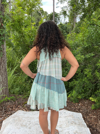 Blue Velvet Turquoise Plaid Tunic Dress Sleeveless Button Down Collar Cut