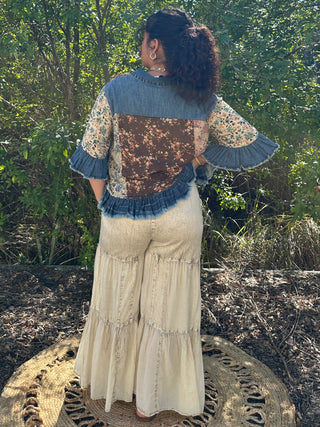 Alternate view of Young Threads Latte Patchwork & Denim Ruffle Hem Crop Jacket Top
