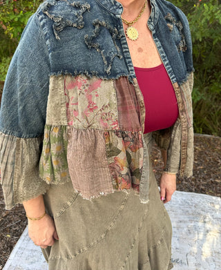 Boho Chic Tiered Patchwork Denim Cropped Shrug