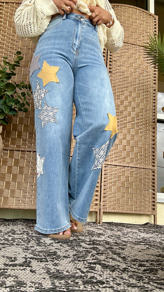 Alternate view of Easel Gold Star Washed Denim Patchwork Pants
