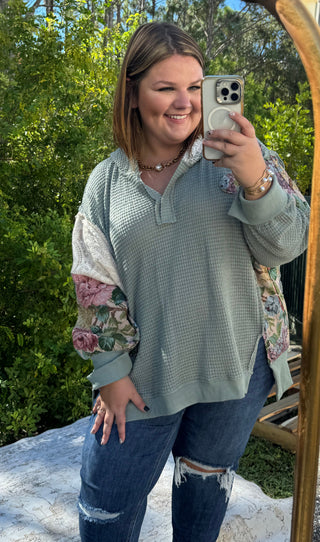 Davi & Dani Seafoam Waffle Knit Patchwork Hoodie Top