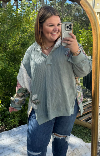 Davi & Dani Seafoam Waffle Knit Patchwork Hoodie Top