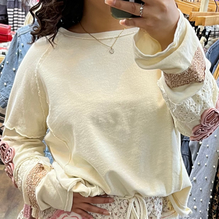 Easel Ecru Lace Mix Mineral Wash Oversize Fit Floral Embroidery Top