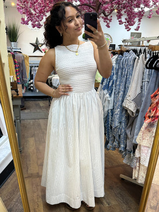 White & Black Pinstripe Smocked Sleeveless Midi Dress