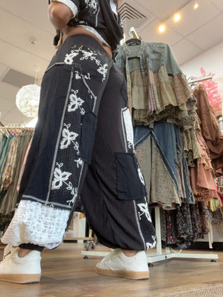 POL Black & Ivory Floral Crochet Joggers