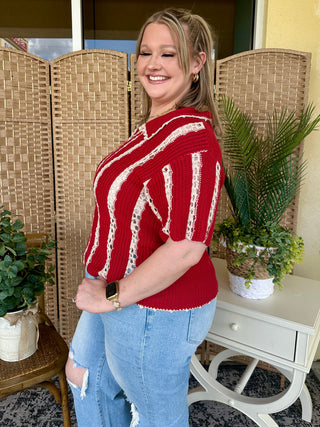 Alternate view of Red Crochet Striped Pointelle Top
