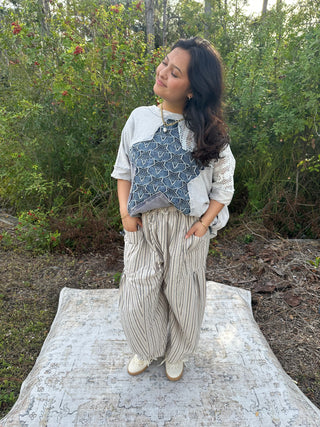 Rae Mode Taupe & Blue Stripe Linen Blend Pants