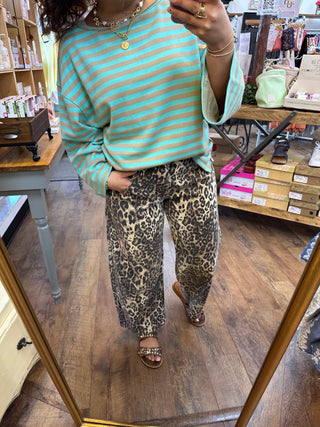 Mint & Beige Stripe French Terry Raw Edge Top