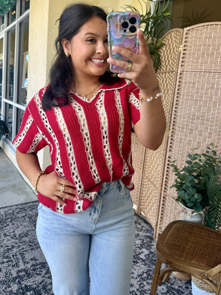 Alternate view of Red Crochet Striped Pointelle Top
