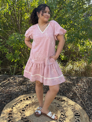 Alternate view of Forte Blush Embroidered Puff Slv Ruffle Hem Dress
