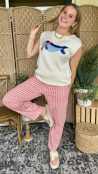 Cream boatneck sweater with blue fish and red stripe graphic, paired with red and white gingham pants.

