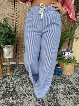 Alternate view of Cozy Co BLUE Stripe Wide Leg Pants w/ Elastic Waist
