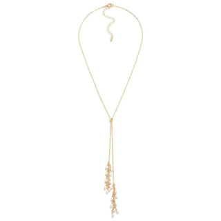 Gold chain link bolo necklace featuring elegant linked pearl accents, perfect for adding a touch of sophistication to any outfit.