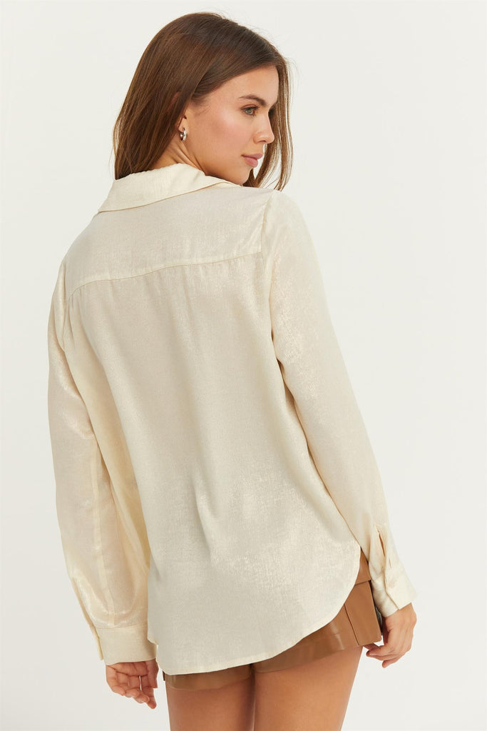 Beige Shimmer Button Down Top - The Gypsy Belle Boutique