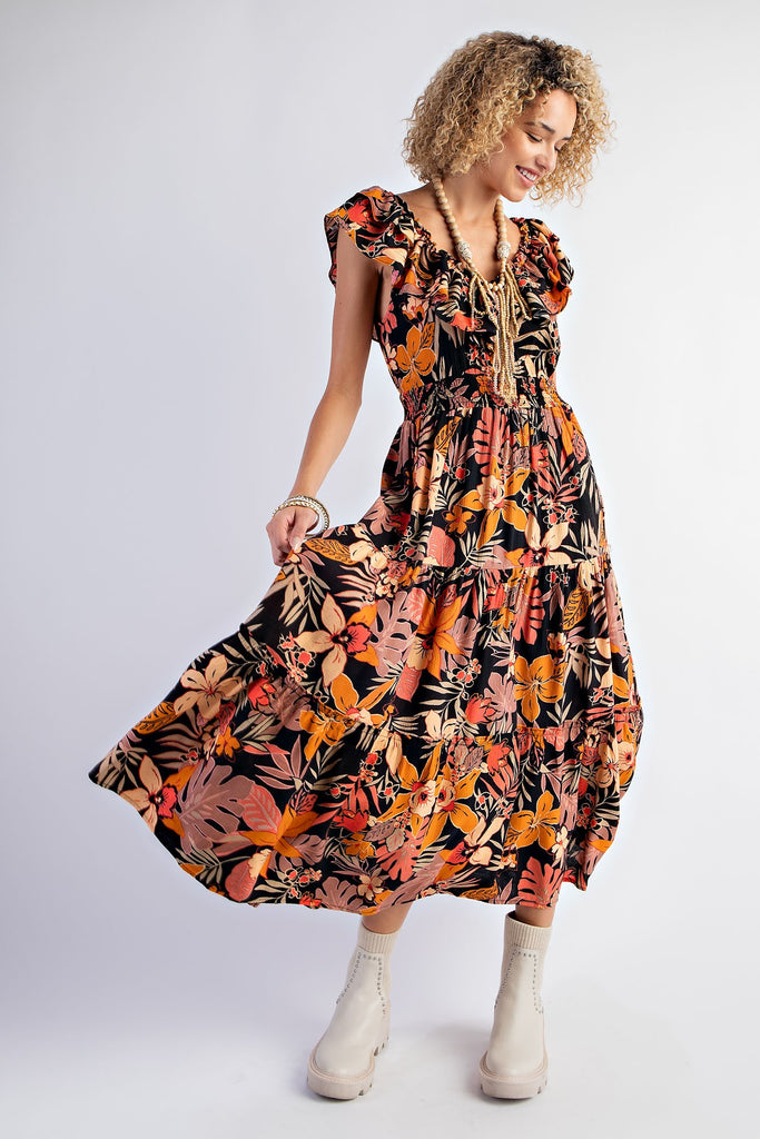 Easel - Tropical Print Peach Blossom Tiered Maxi Dress - The Gypsy Belle Boutique