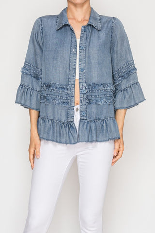Origami Chambray Ruffles 3/4 Slv Shacket Top