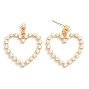 Alt text: "Elegant Pearl & Gold Hollow Heart Post Drop Earrings on white background, highlighting delicate design.