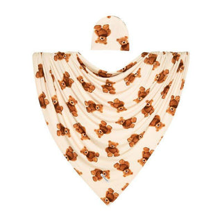 Posh Peanut Teddy Freddy Infant Swaddle & Beanie Set - cozy bear print, super soft bamboo fabric, perfect for newborns.