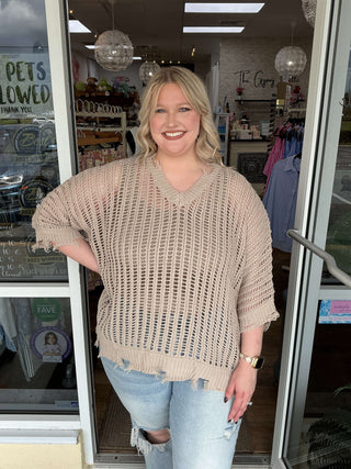 Women's Open Weave Loose Fit Distressed Sweater Top in neutral tones, available in two colors for a chic, casual style.