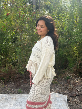 In Feb Ivory Ruffle Hem Lightweight VNeck Sweater Top