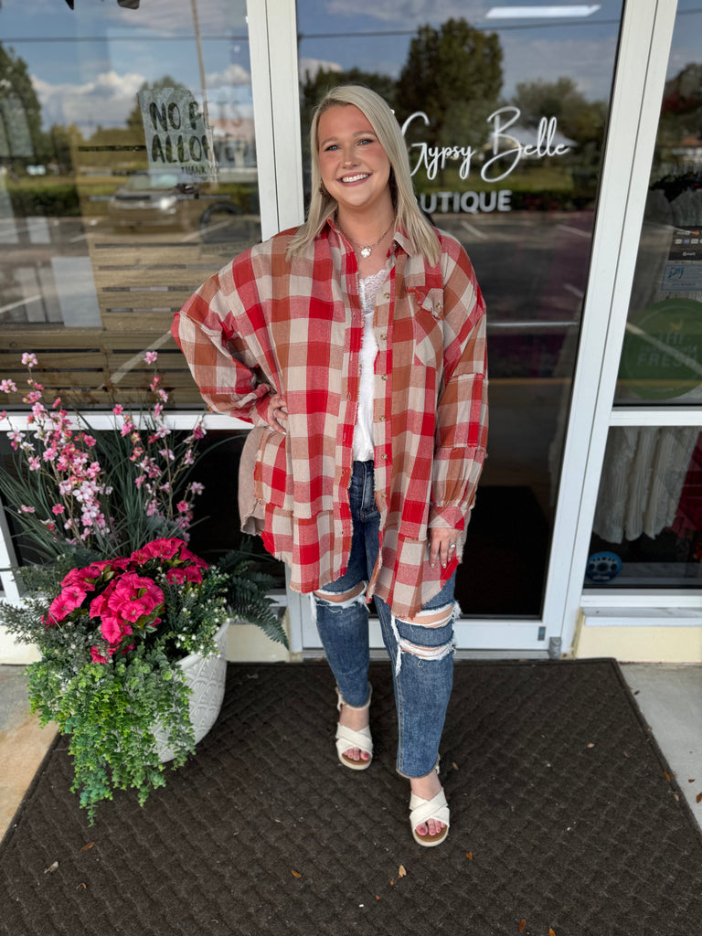 Easel - Red Plaid Oversized Shirt Dress - The Gypsy Belle Boutique