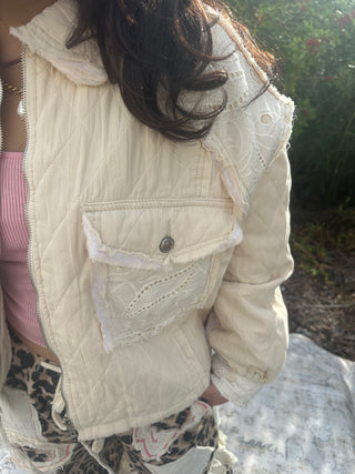 POL Relaxed Fit Denim Jacket w/ Quilting & Lace Accents (2 COLORS)